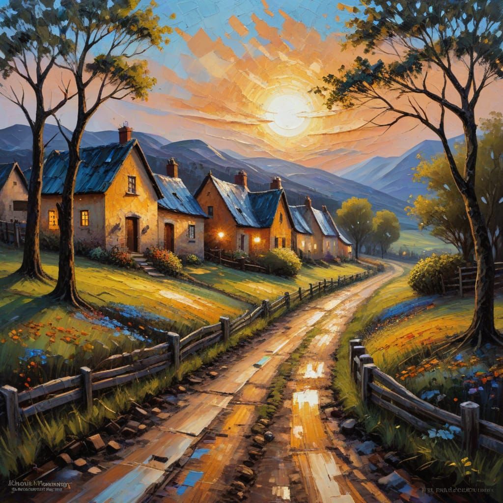 Impasto Oil Painting of a Vintage Irish Village in Golden Ho...