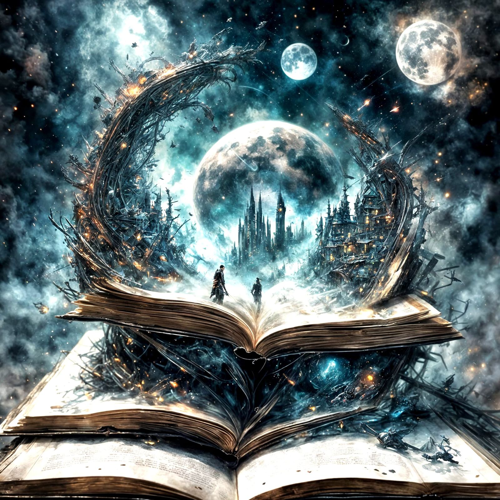 Busy Office Scene Erupts from a Book Under a Cosmic Galaxy