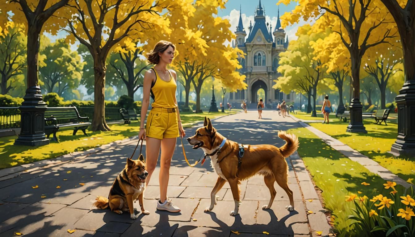 Woman and Dog in Park, Oil Painting