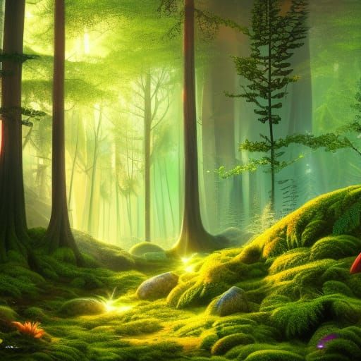 Enchanted Forest with Sunbeams and Fairy Light