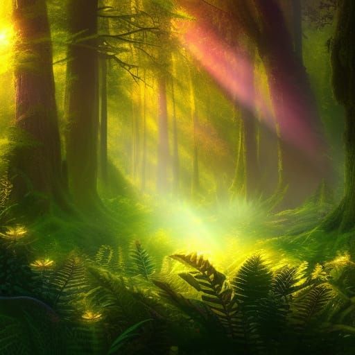 Enchanted Forest with Sunbeams and Fairy Light
