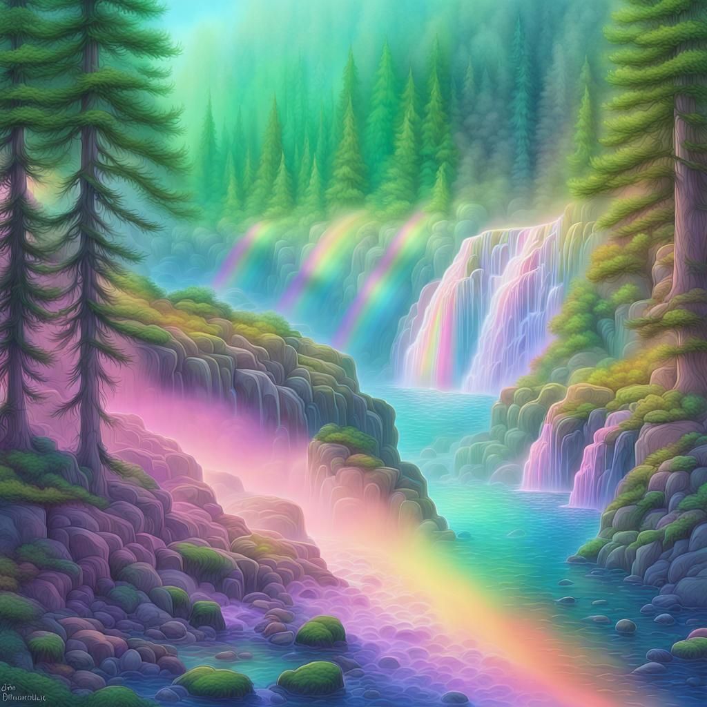 Retrofuturistic Alpine Waterfalls in Prismacolor Style