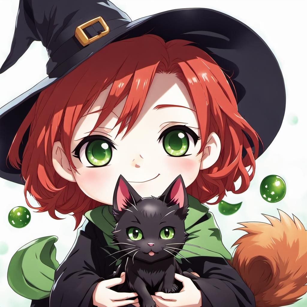 Cute Chibi Witch with Cat in Anime Style