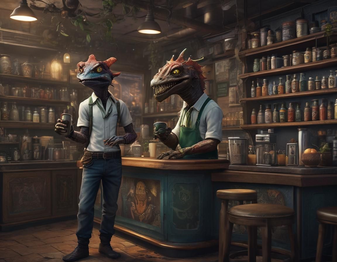 Alien Demon Barista Serves Gecko Coffee, Detailed Matte Pain...