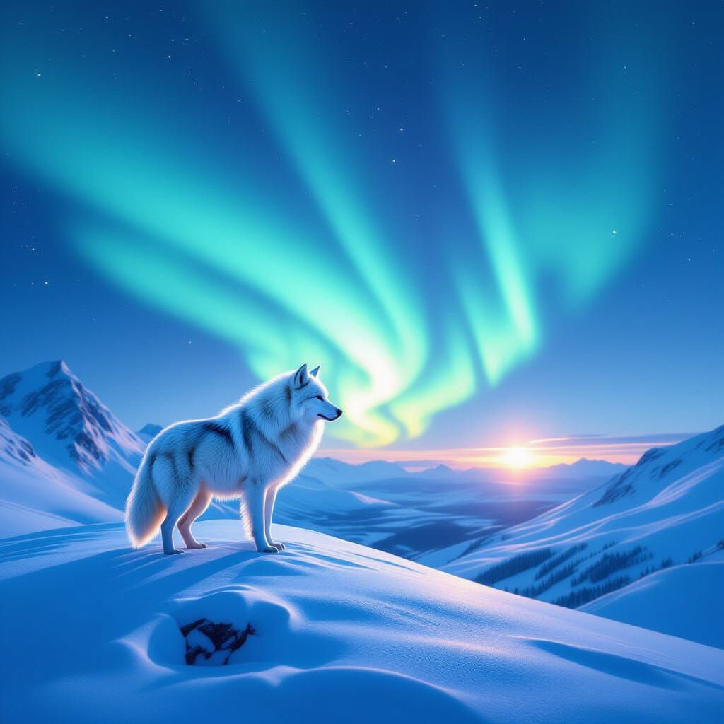 Majestic White Wolf Under Aurora Borealis
