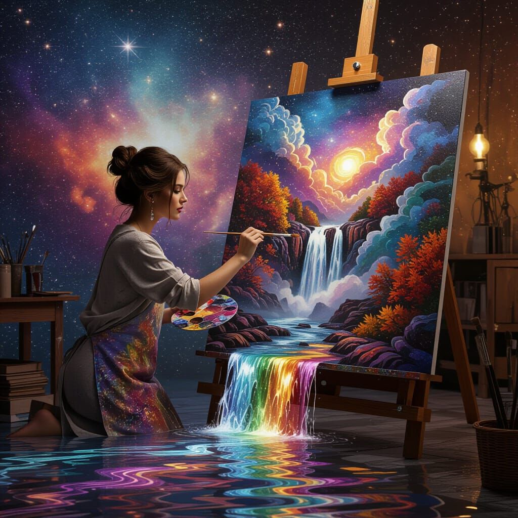 Artist's Autumn Waterfall Masterpiece in Starlit Studio