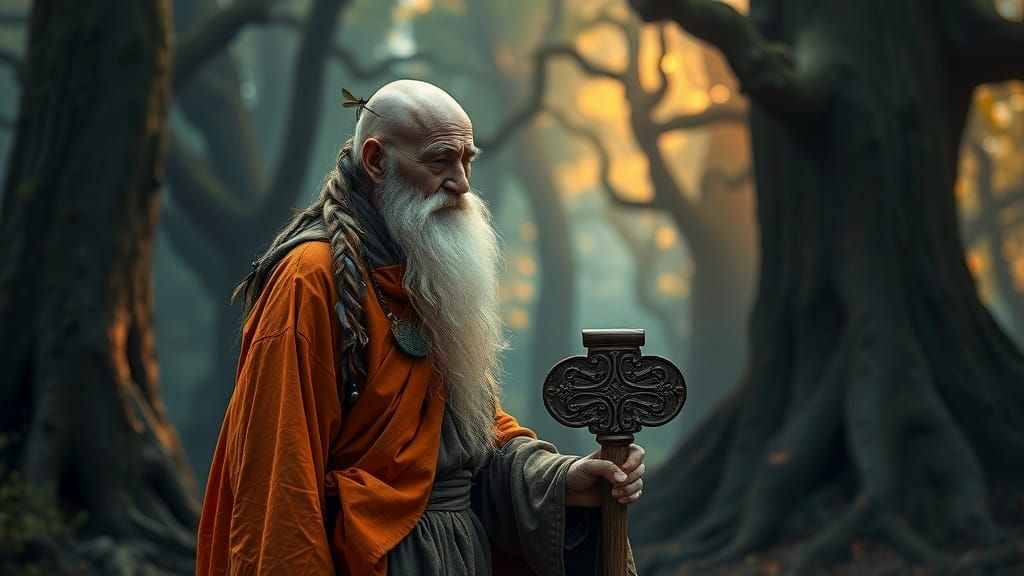 Mystical Monk in Ancient Forest: Cinematic 8K Render