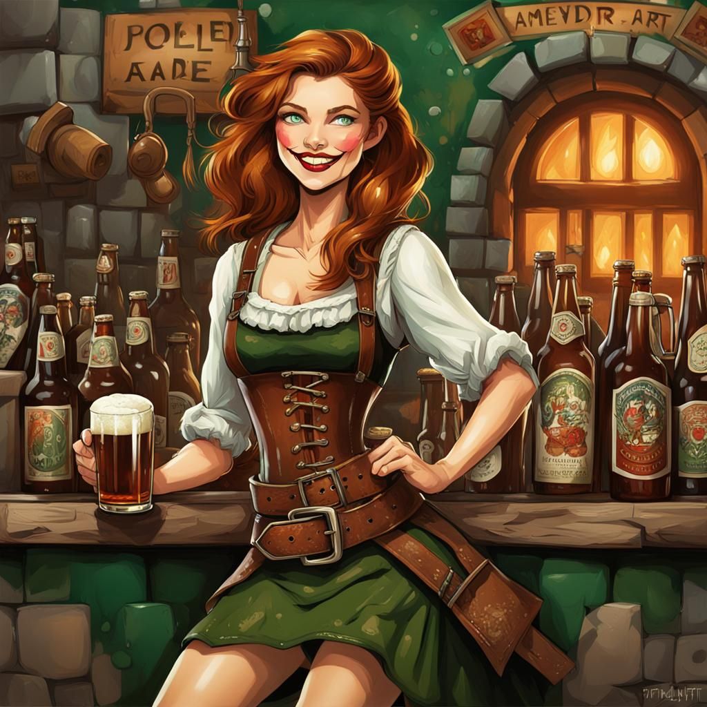 Beautiful Auburn-Haired Wench Serving Ale in Graffiti Art