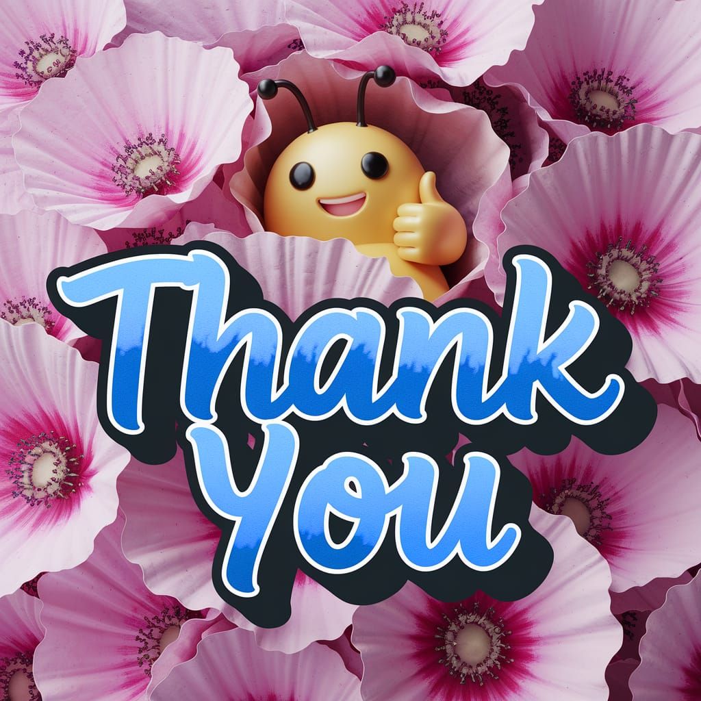 A bed of hyper-realistic pink flowers, with red outline, and speckles. A large 3d cute smiling cartoon bee nestled insid...