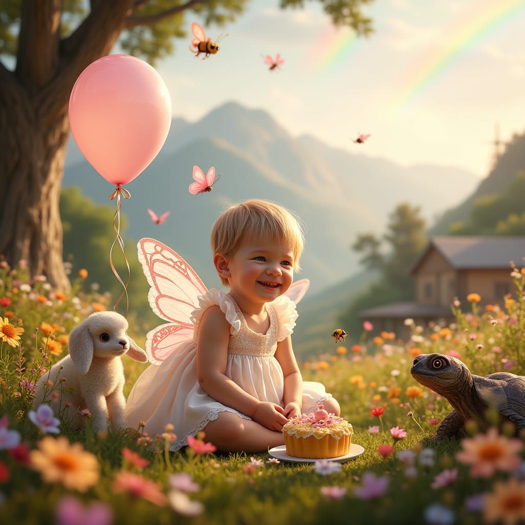 Magical Fairy Garden Scene with Joyful Baby Girl