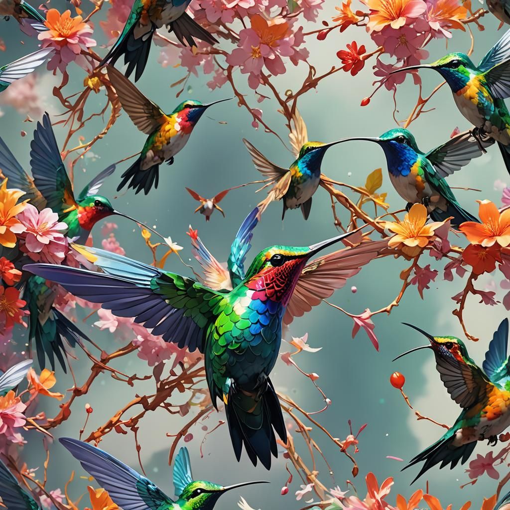 Colorful Hummingbird in Summagashi Abstract Marbling Style