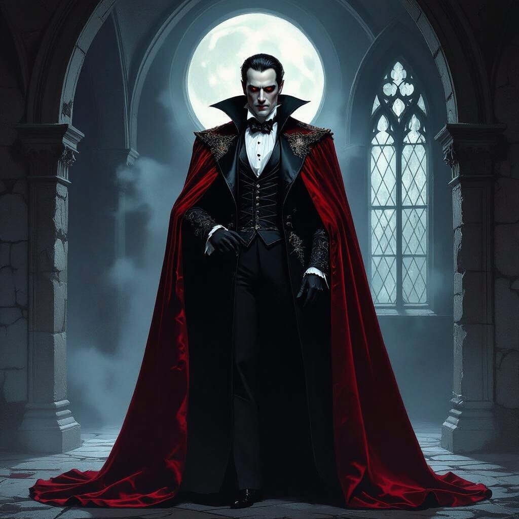 Dracula: Vampire Lord in Moonlit Castle Hall
