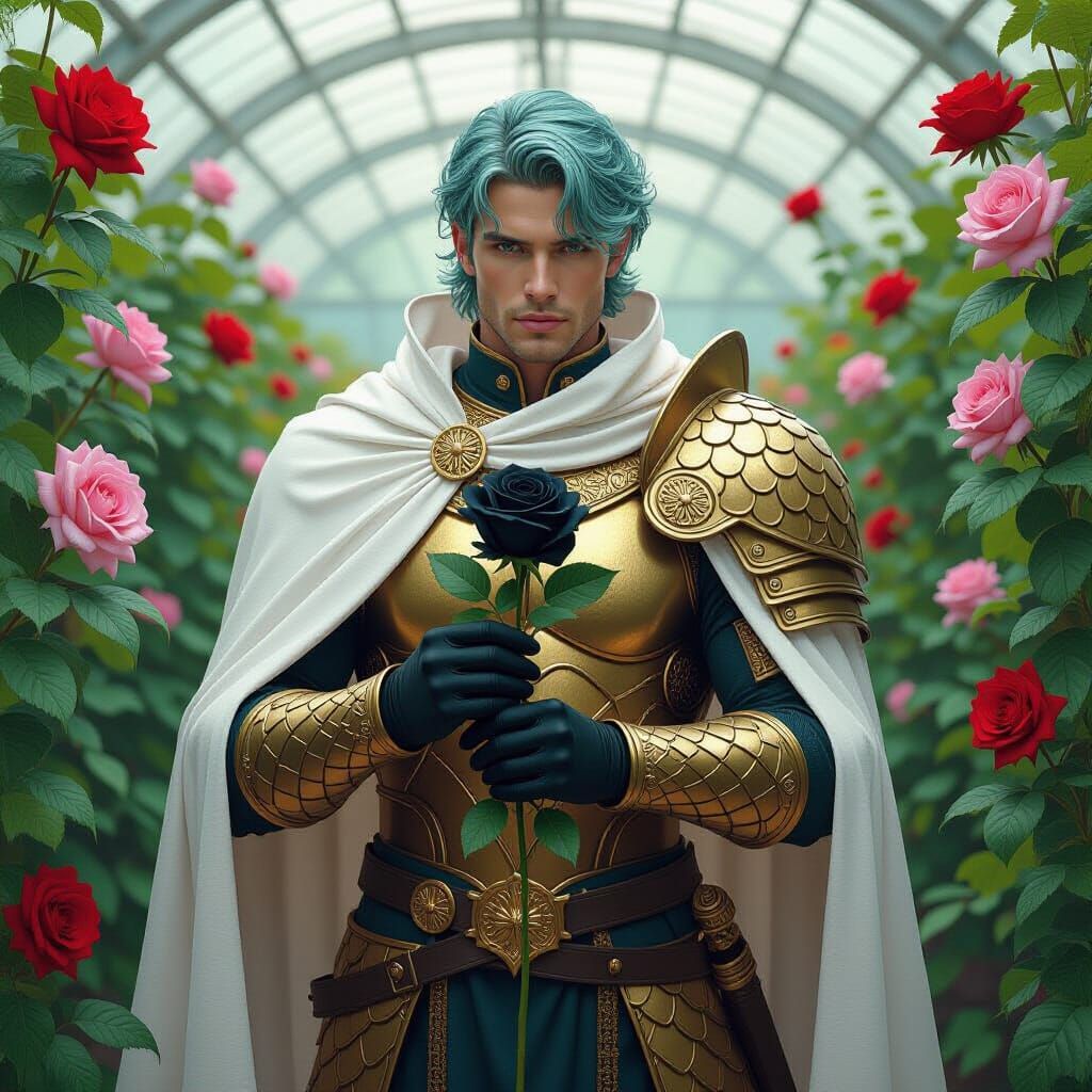 Warrior in Golden Armor with Black Rose, Simon Stalenhag Sty...