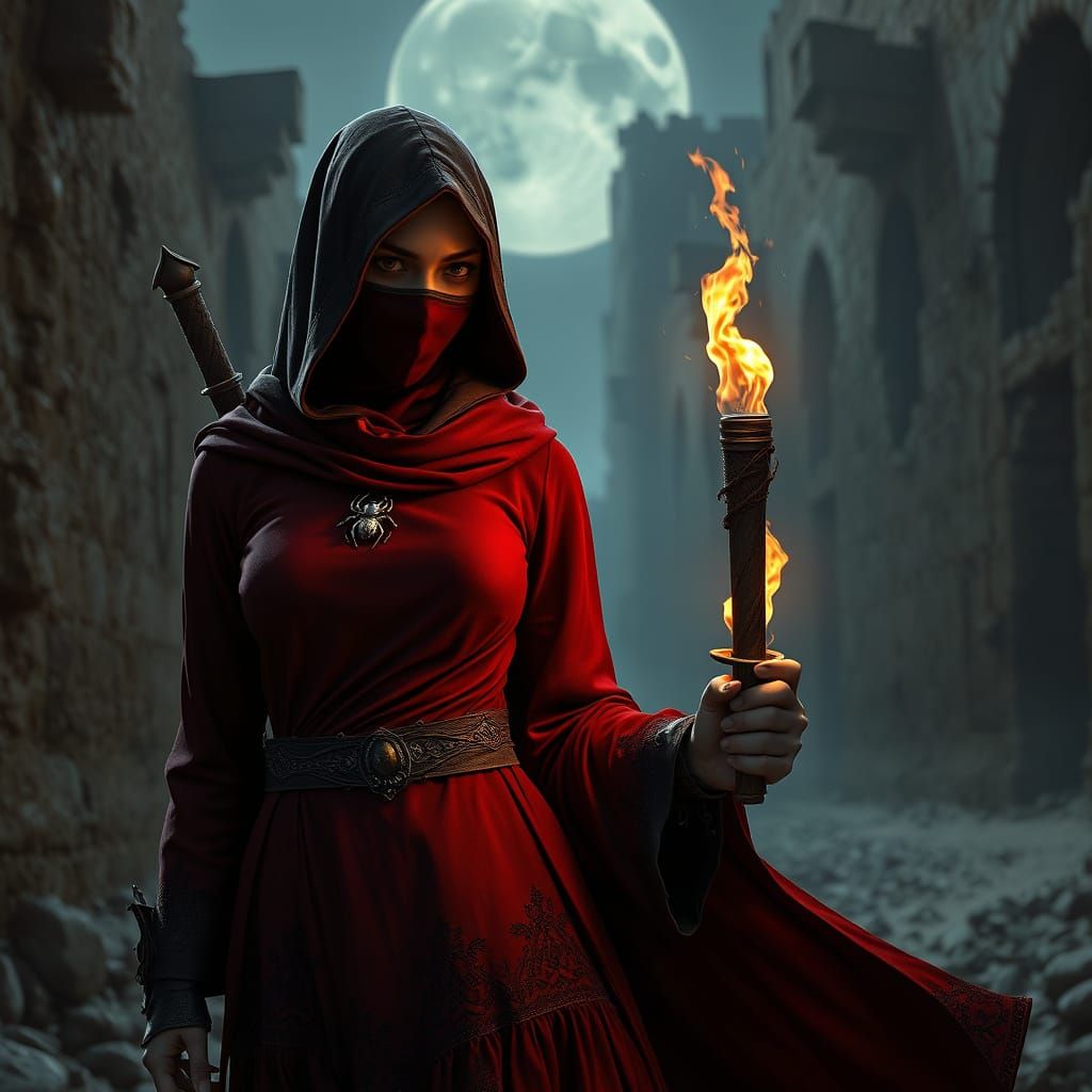 Medieval Assassin in Velvet Mask and Red Ensemble