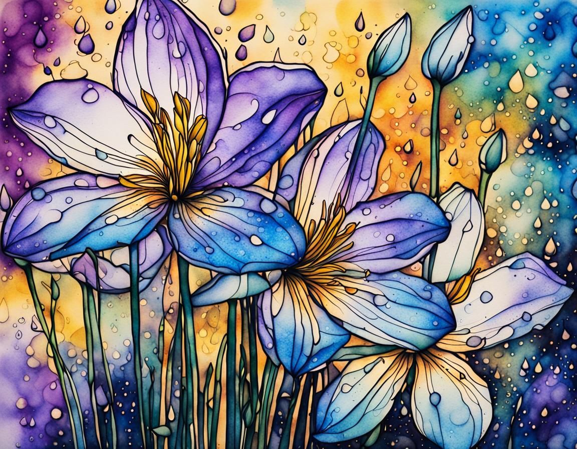 Zephyranthes Blooms in Surreal Mixed Media Garden