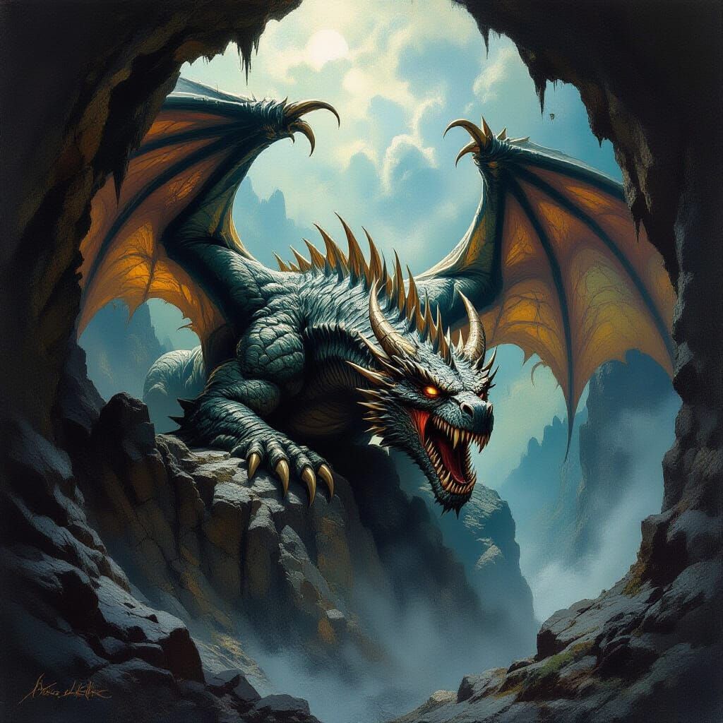 Terrifying Dragon Sleeps in Cliffside Cave, Epic Oil Paintin...