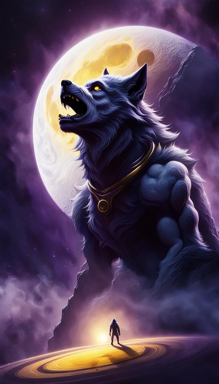 Werewolf Gazing at Saturn's Moon in Dark Fantasy