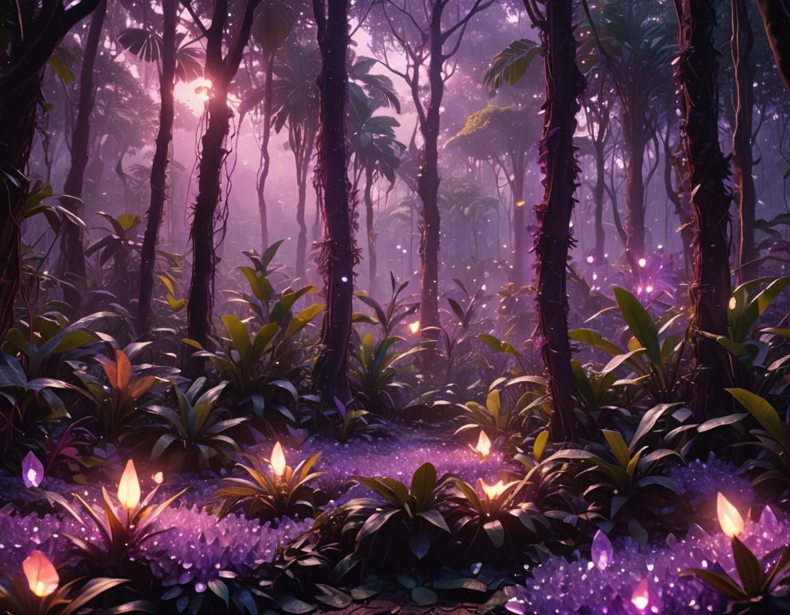 Lush Jungle Clearing with Purple Crystals