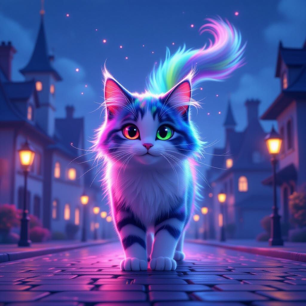 Neon Cat Stalks Fairytale City in Pixar Style