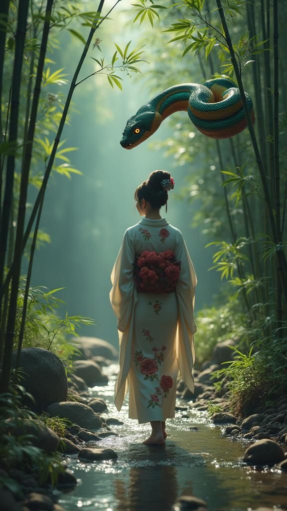 Geisha and Python in Misty Bamboo Forest