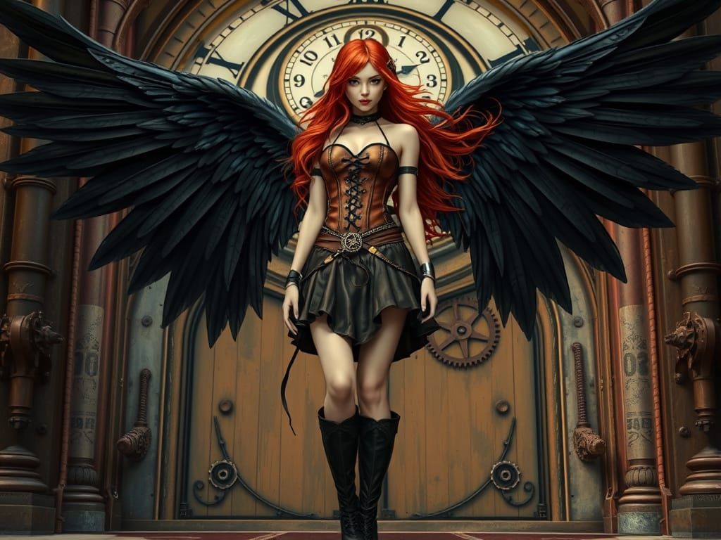 Steampunk Angel Standing Before Clockwork Doorway