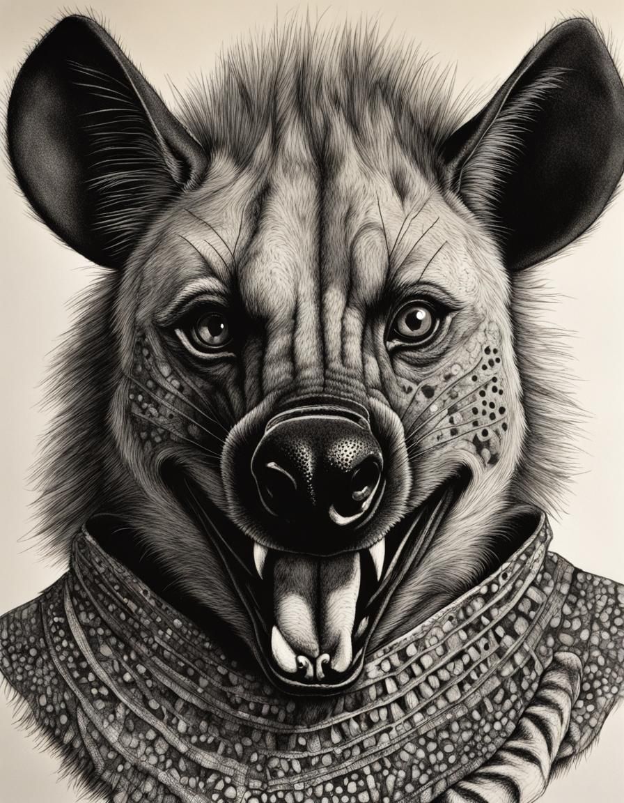 Anthropomorphic Hyena Portrait in Scratchboard Ink Style