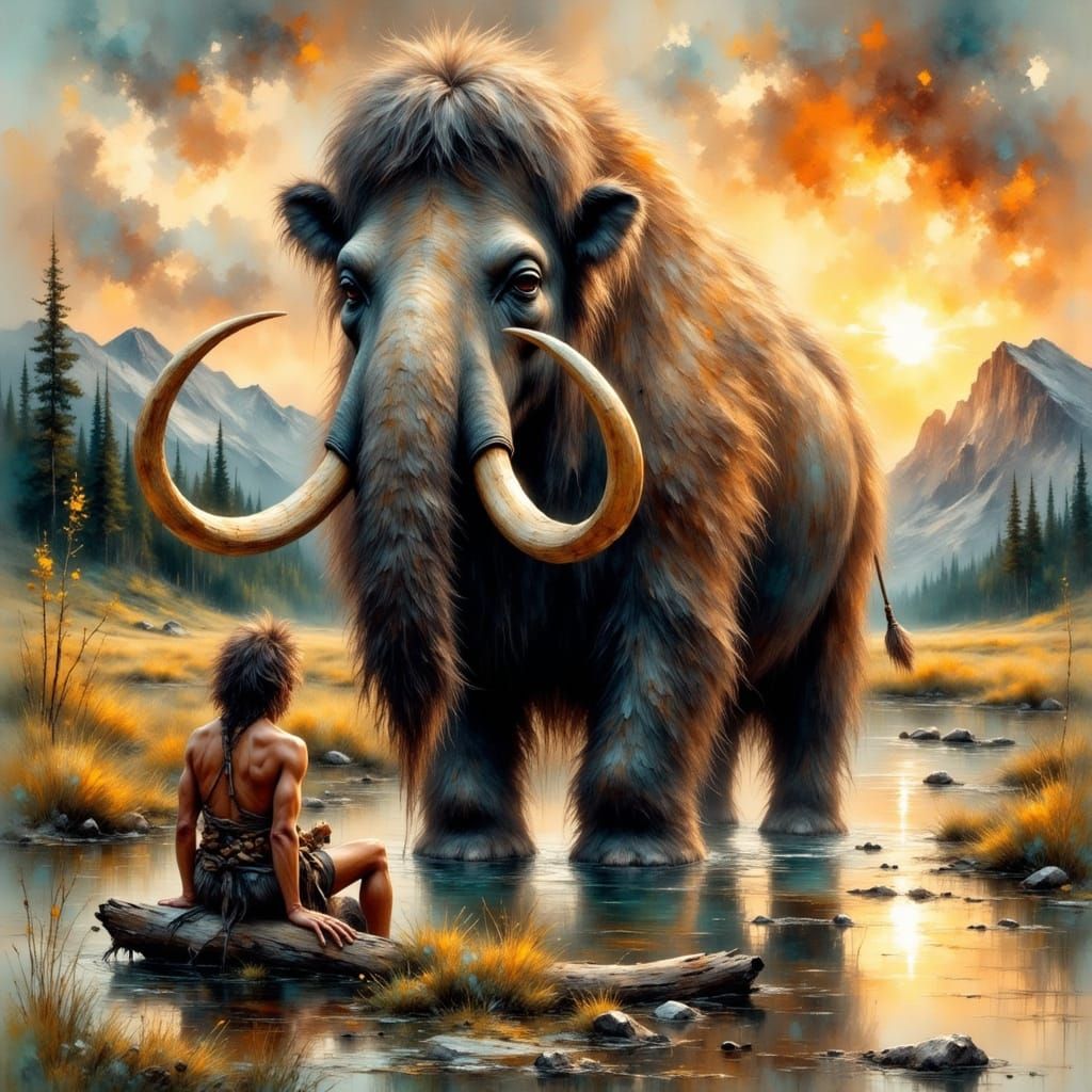 Caveman Rides Mammoth as Impasto Painting