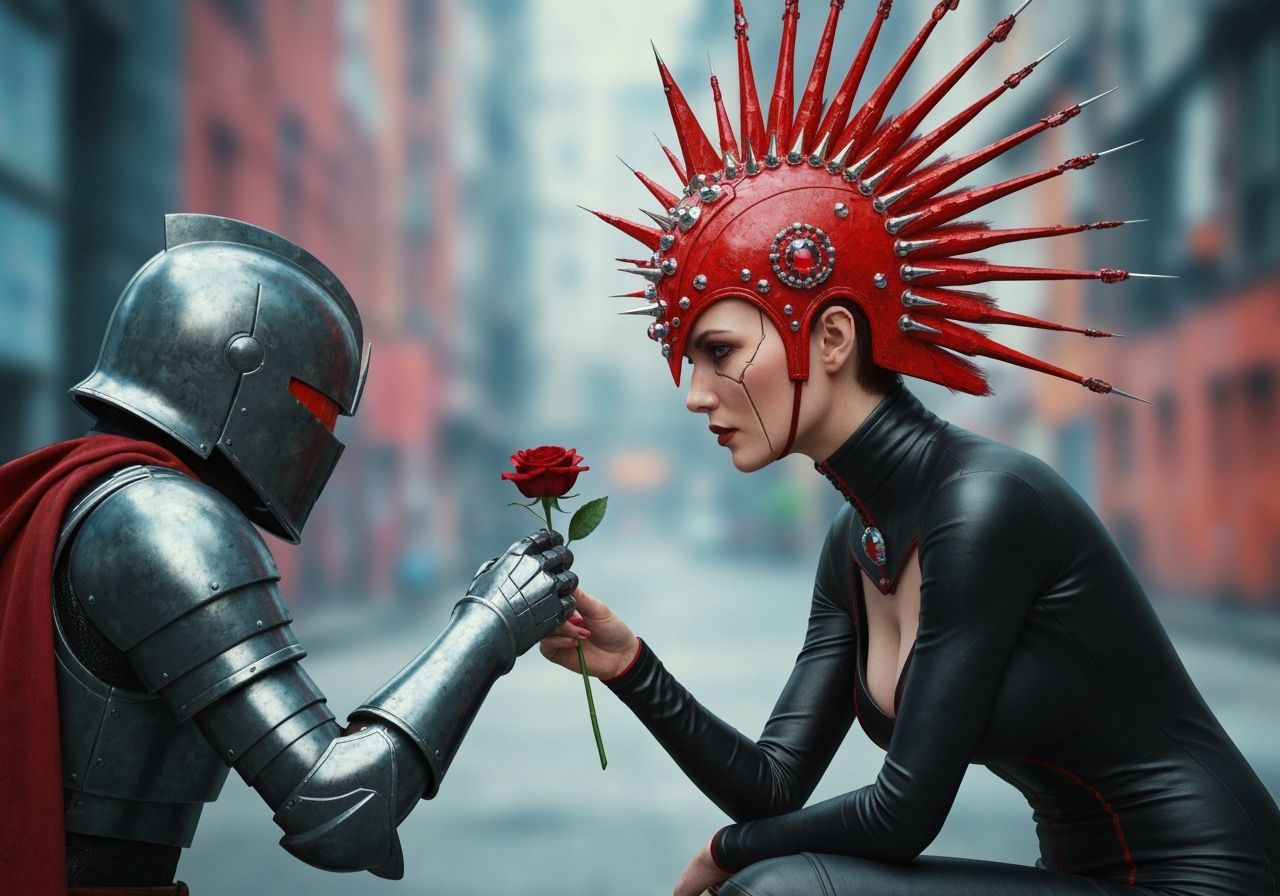Cyberpunk Queen Offers Rose to Paladin