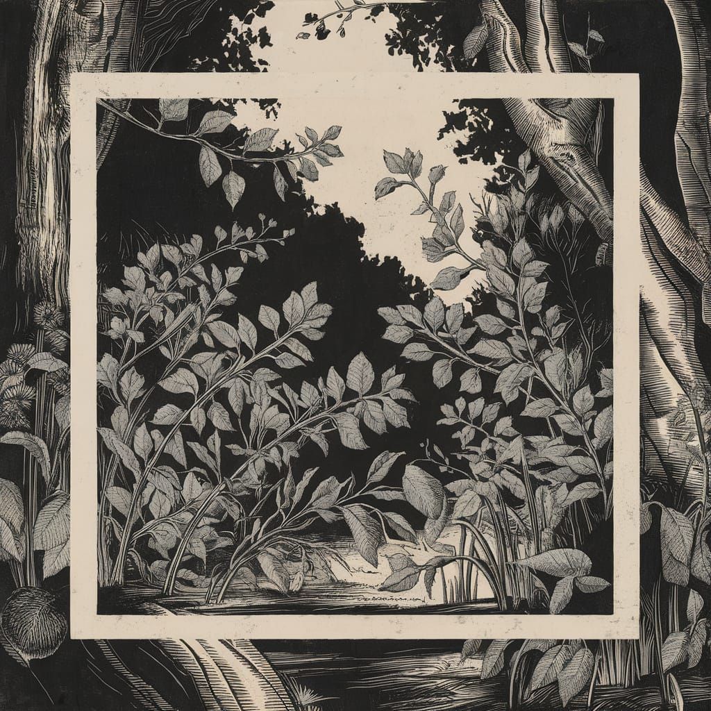 Elegant Woodcut Print Border with Leaves and Flowers