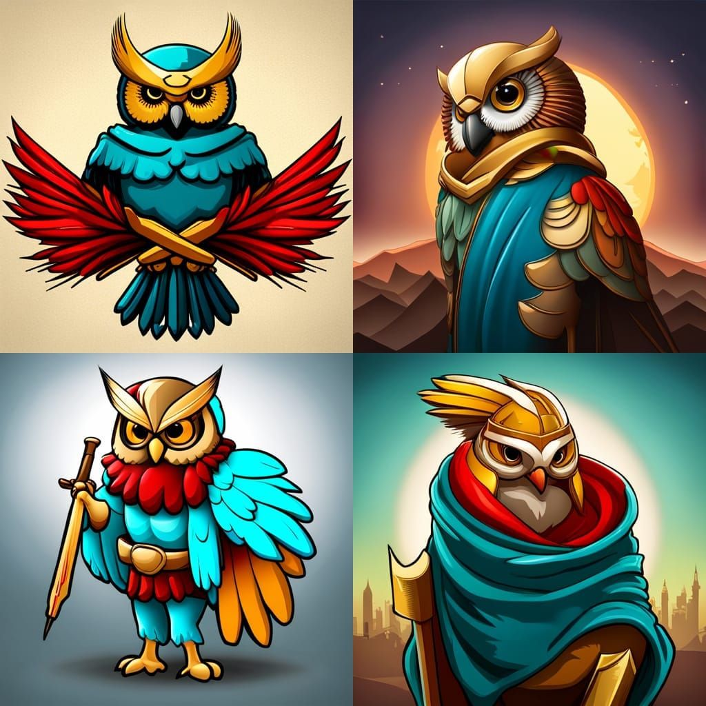 Cartoon Owl in Spartan Helmet and Cloak