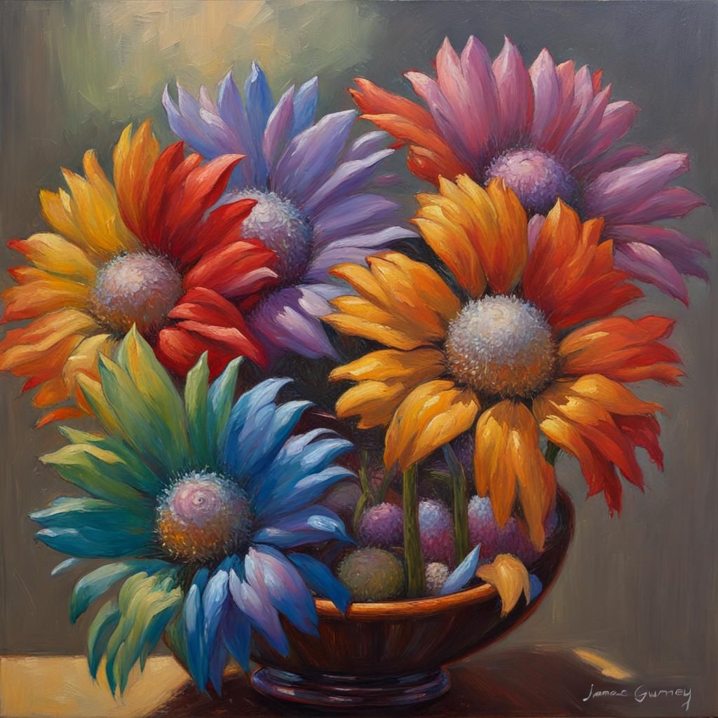 Luminous Metallic Rainbow Flowers in Oil Painting