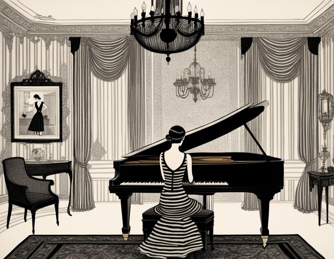 Art Deco Woman at Piano in Edward Gorey Style