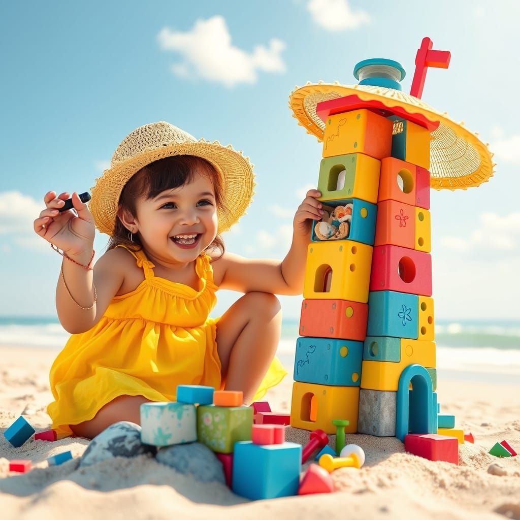 Child Building Lighthouse with Toy Cubes, Playful Art
