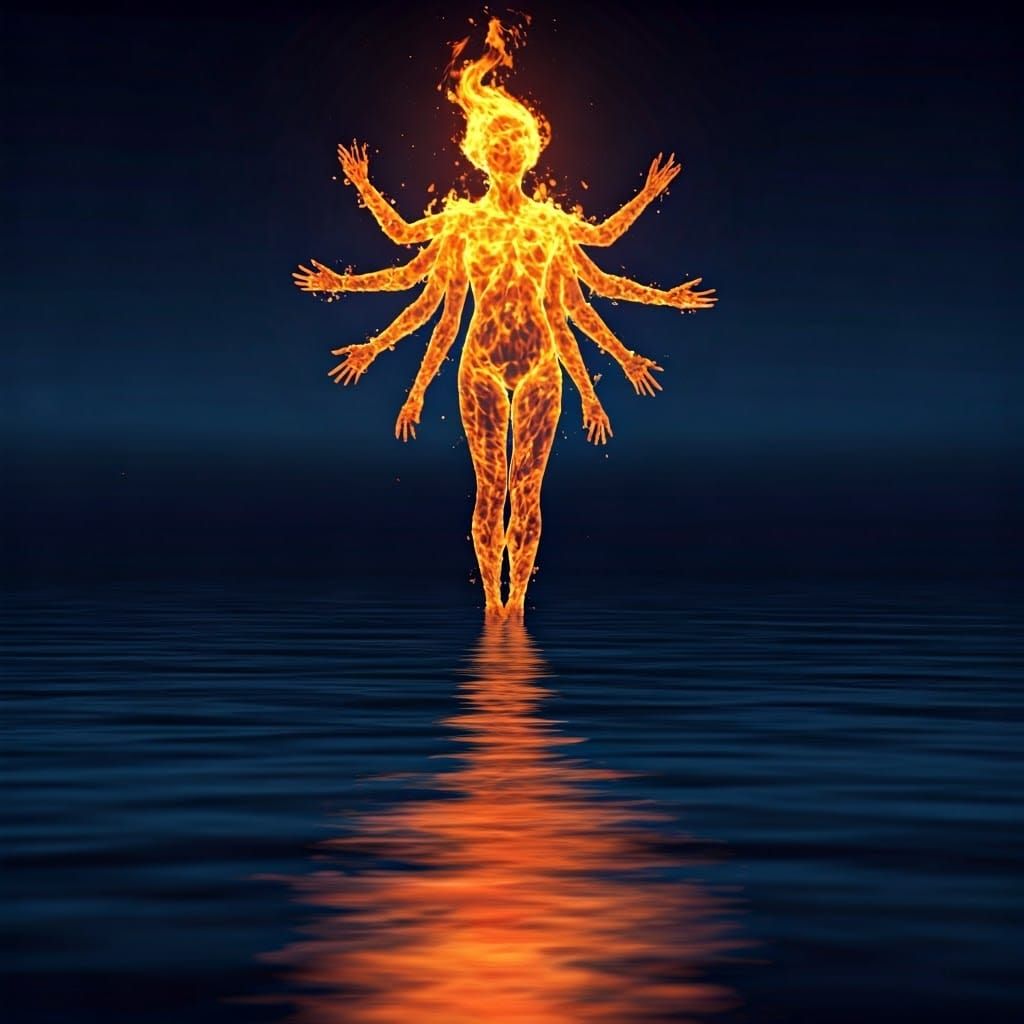 Ethereal Flame Being Reflecting in Moonlit Water