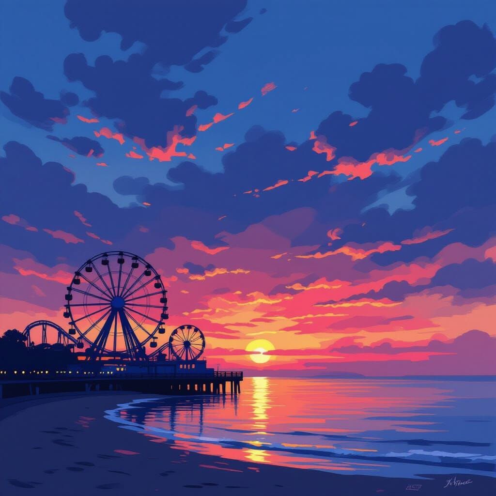 Sunset Amusement Park in Impressionist Style