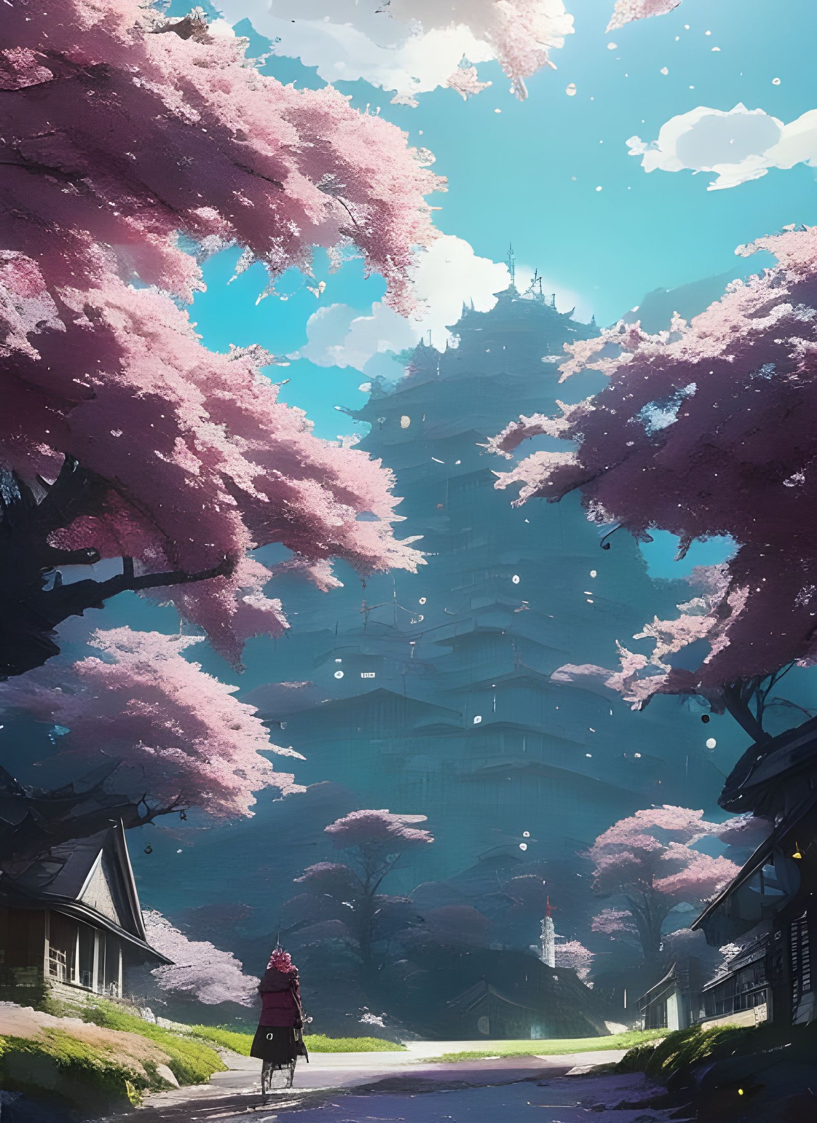 Cherry Tree Fantasy Landscape in Anime Style