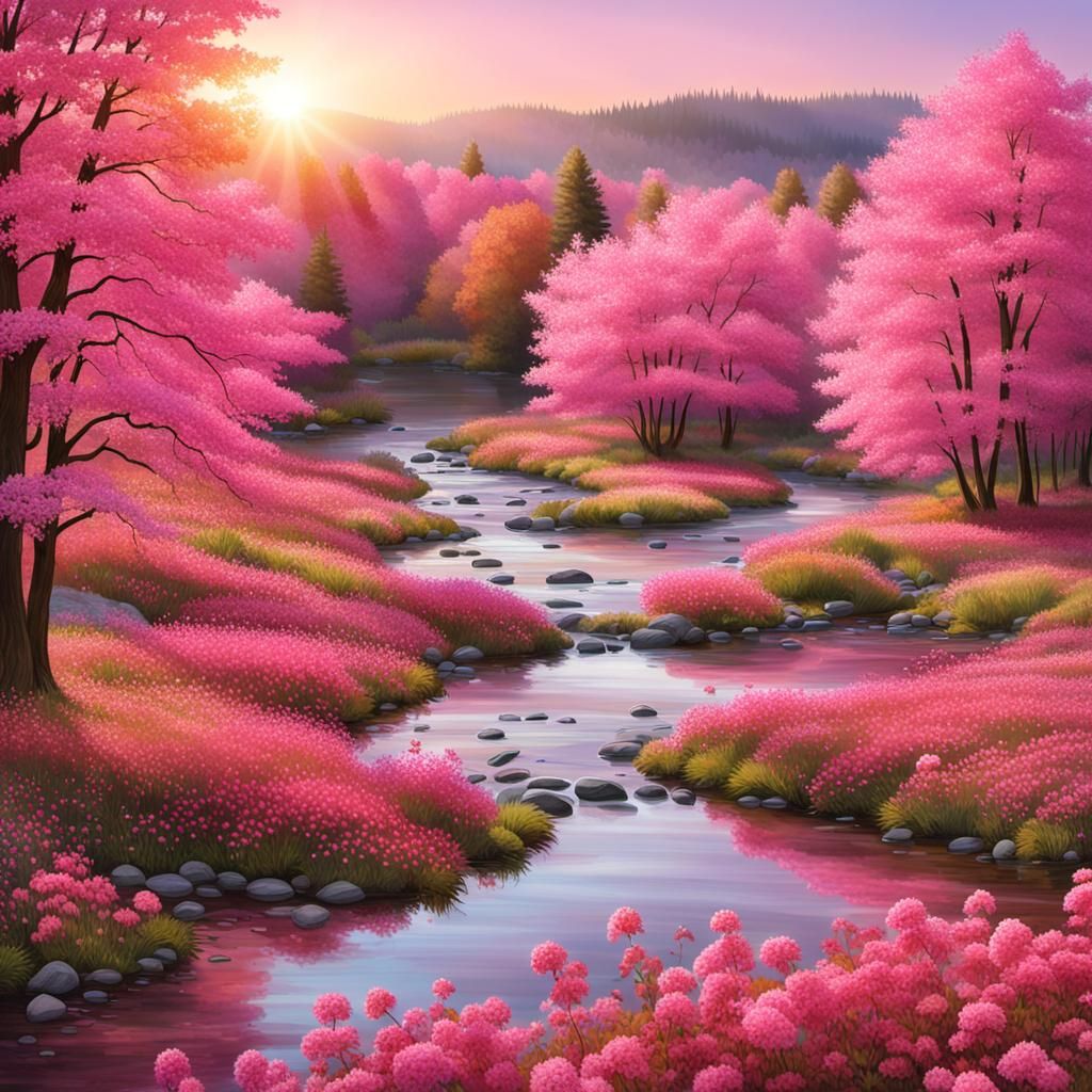 Pink Floral Landscape with Pink Sun