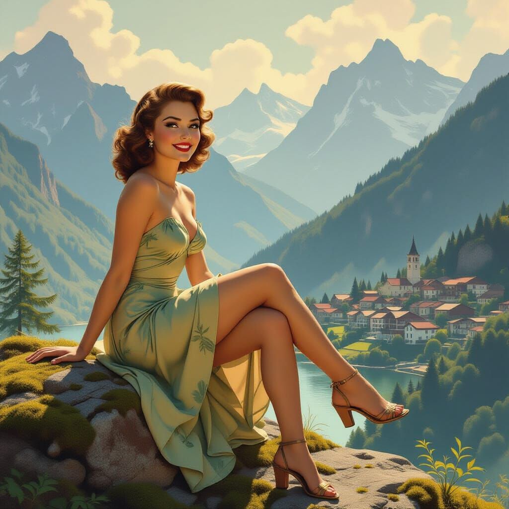 Vintage Pin-Up Woman Overlooks Mountain Village