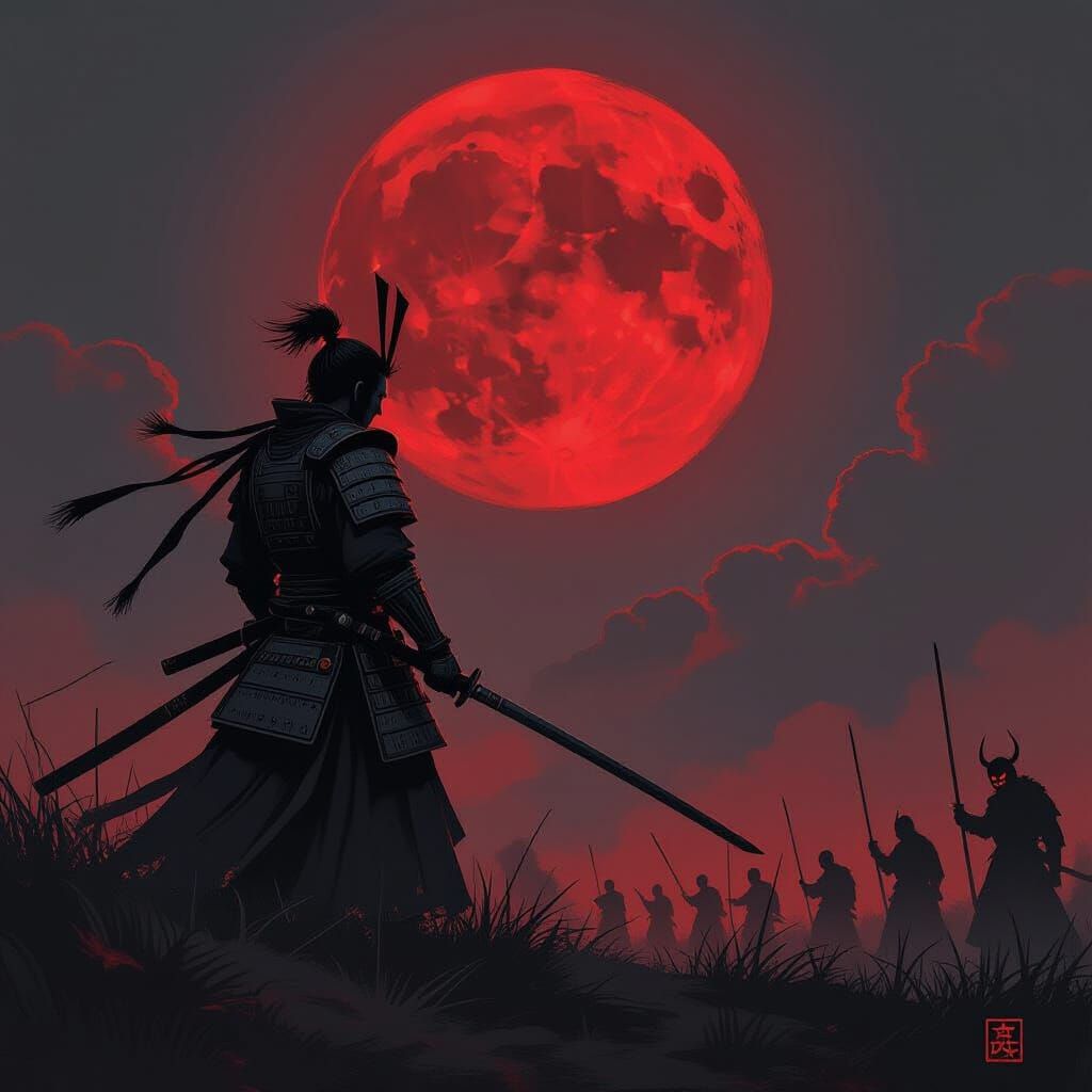 Samurai Warrior Under Blood Moon in Dark Fantasy Style