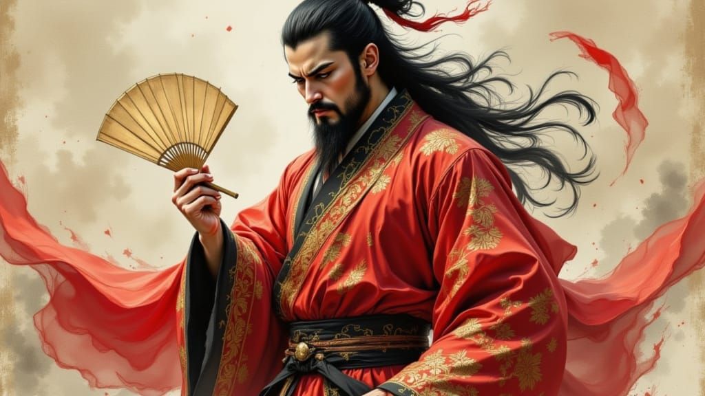 Regal Man Gripping Fan as Painterly Mythic Art