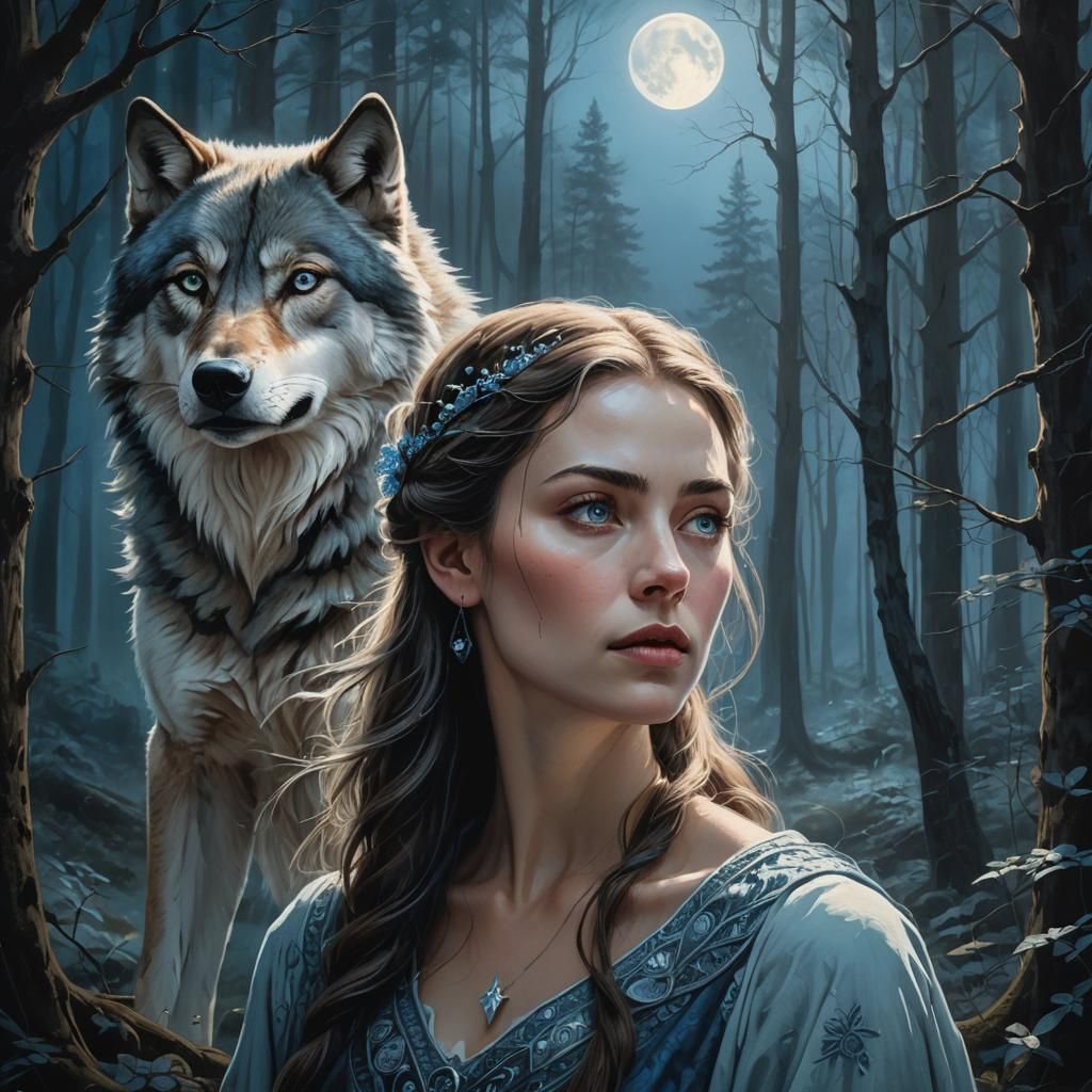 Woman and Wolf in Moonlight: Ethereal Fantasy Art