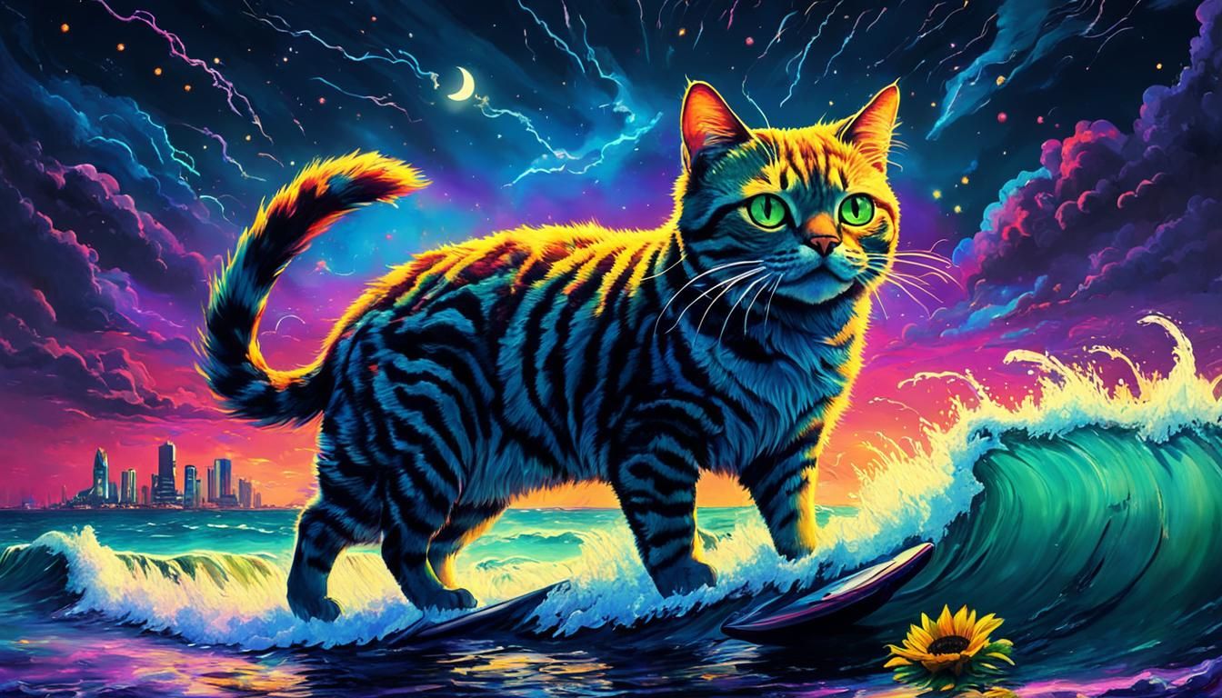 Night Cat Surfing: Surreal Cyberpunk Candyland Artwork