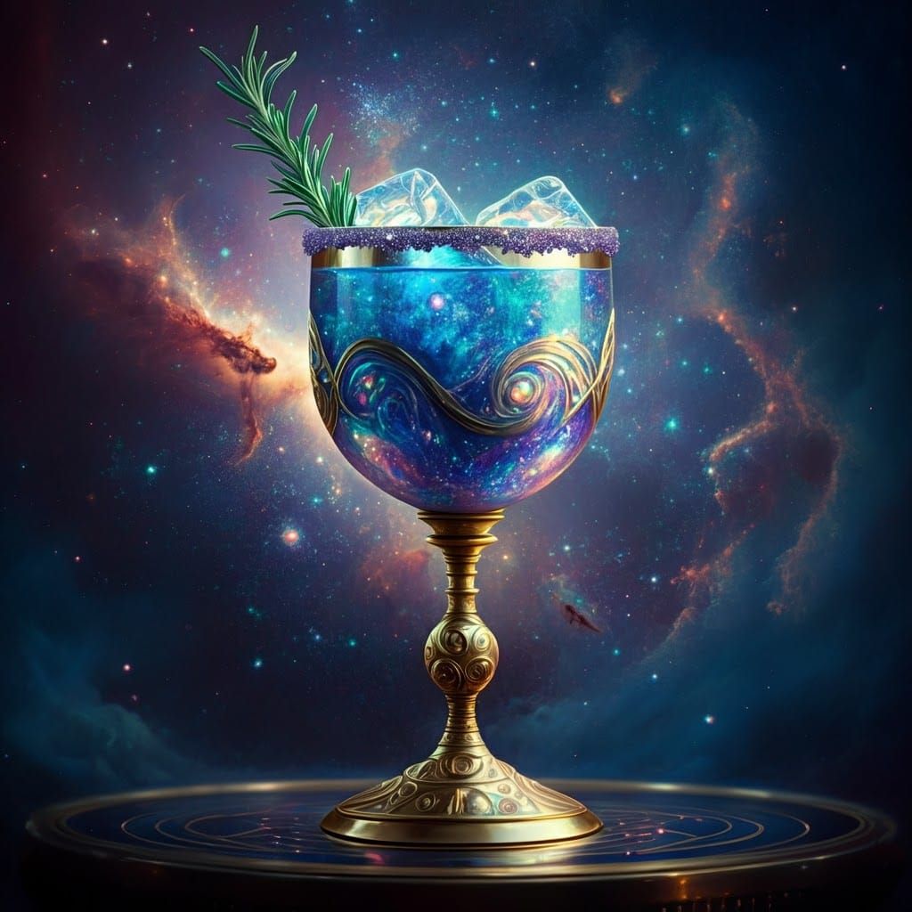 Ornate Gold Goblet Filled with Ambrosial Cosmic Elixir