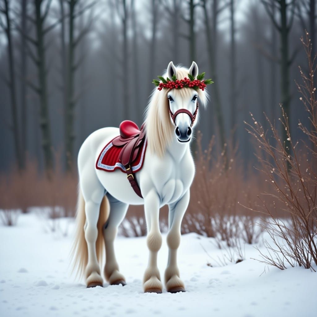 Elegant White Horse in a Serene Snowy Woodland