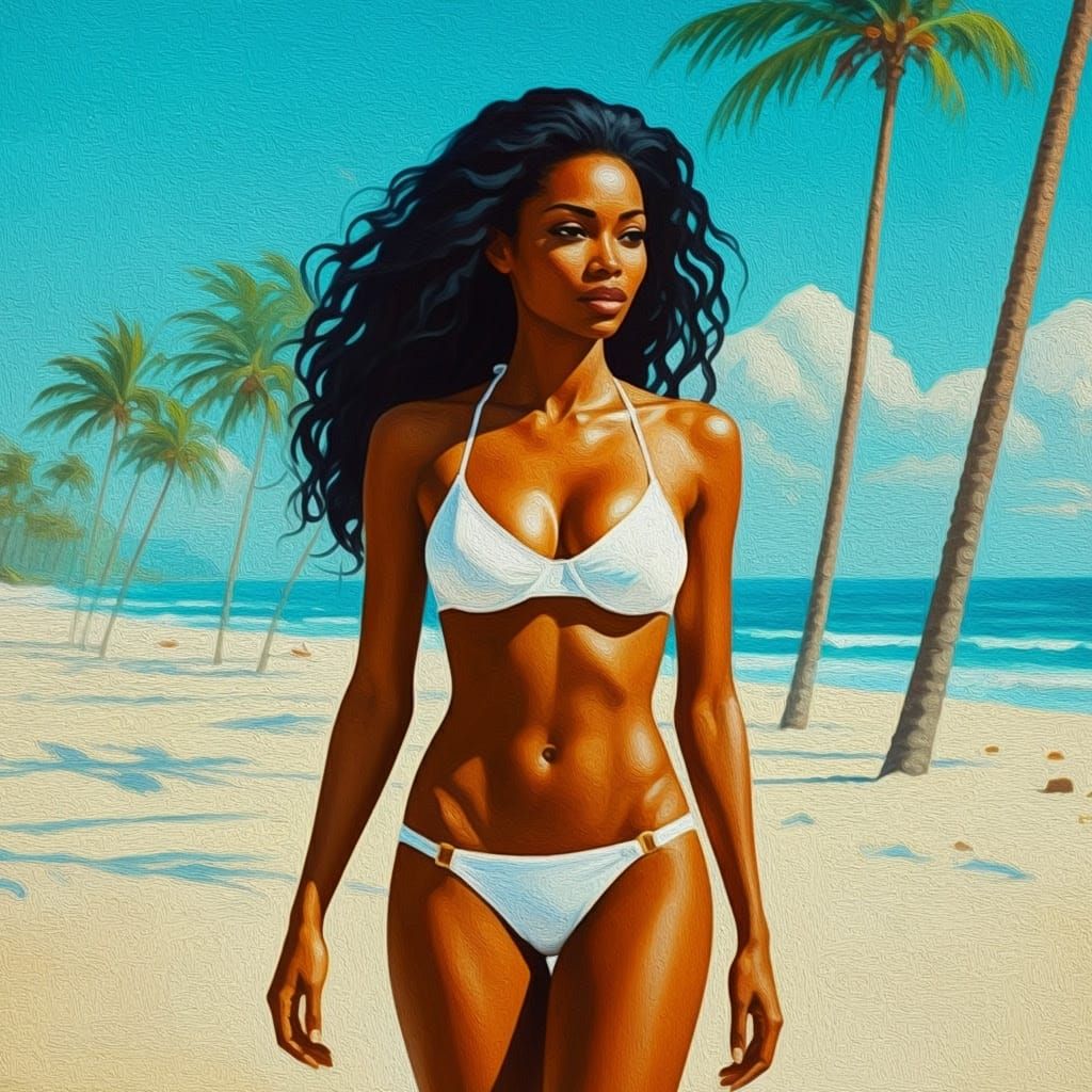 Woman on Tropical Beach in Impressionistic Style