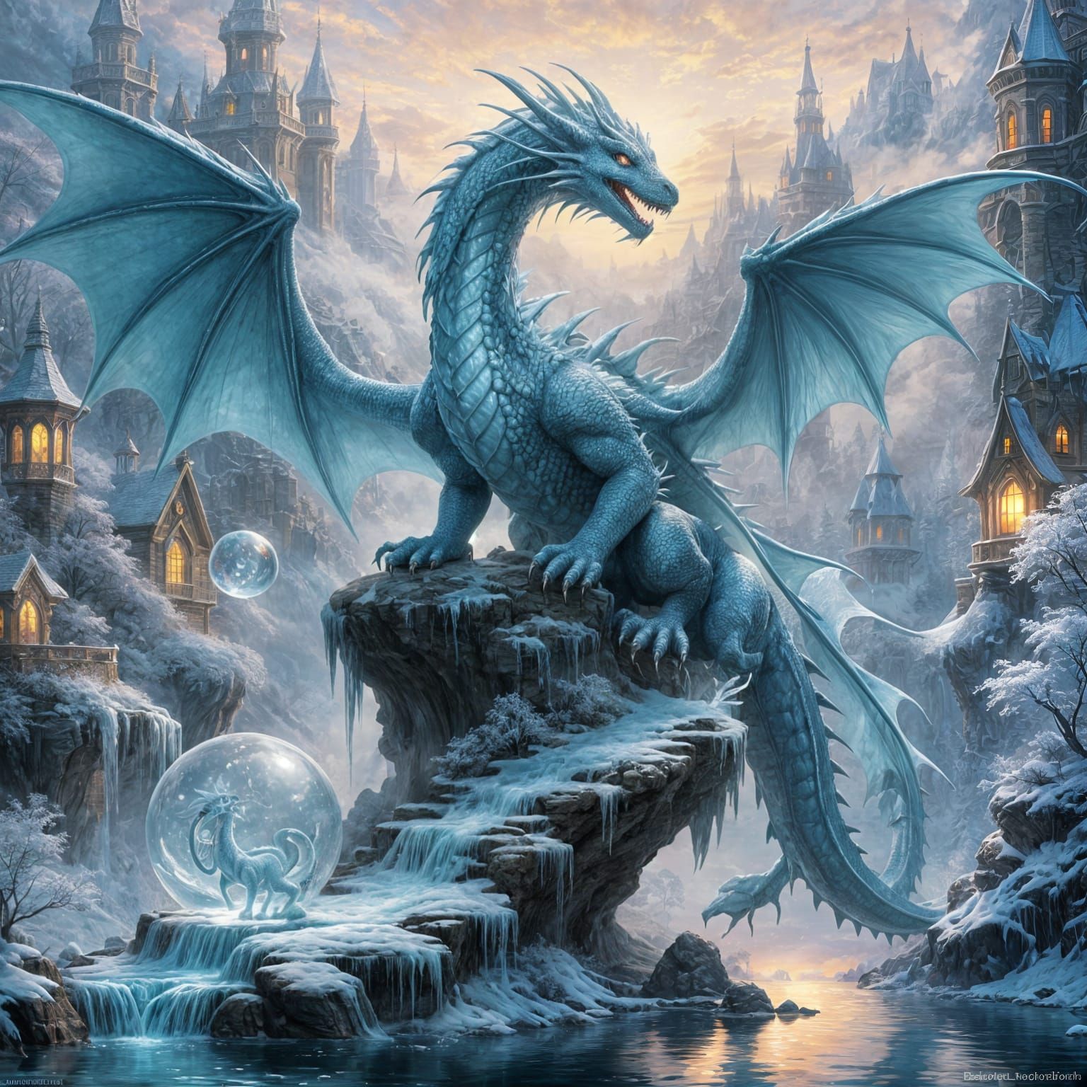 Ethereal Ice Dragons in Whimsical Bubbles of Wonder