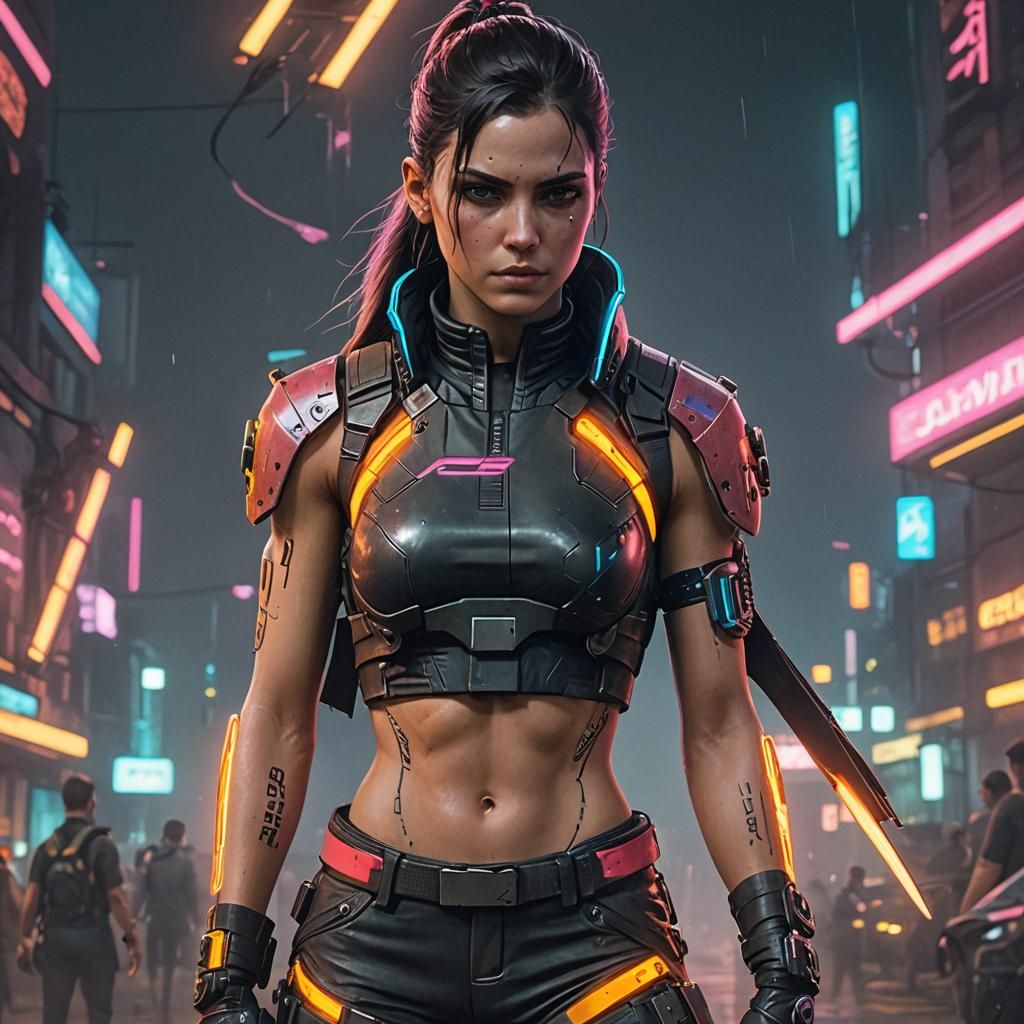 Cyborg Athlete in Neon Cyberpunk Scene