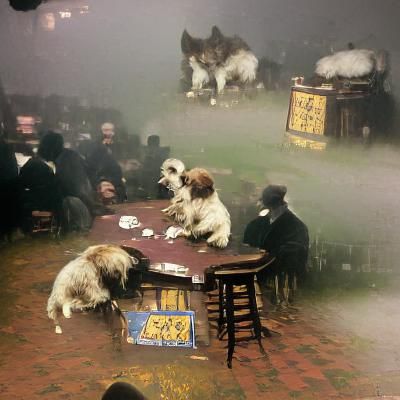 Dogs Playing Poker in a Foggy 1895 Pub