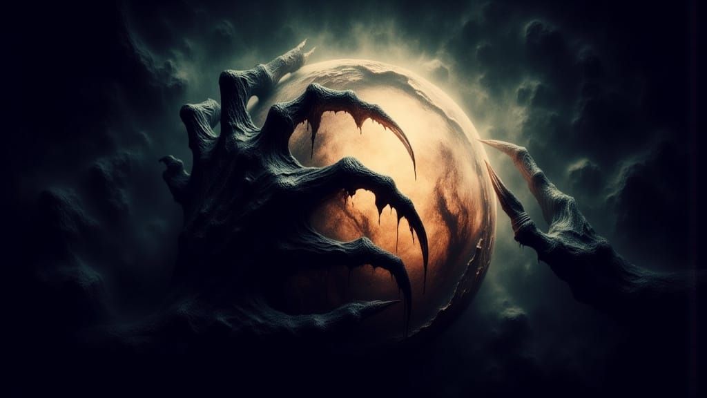 Dark, Macabre Scene with Radiant Sphere and Grotesque Demon