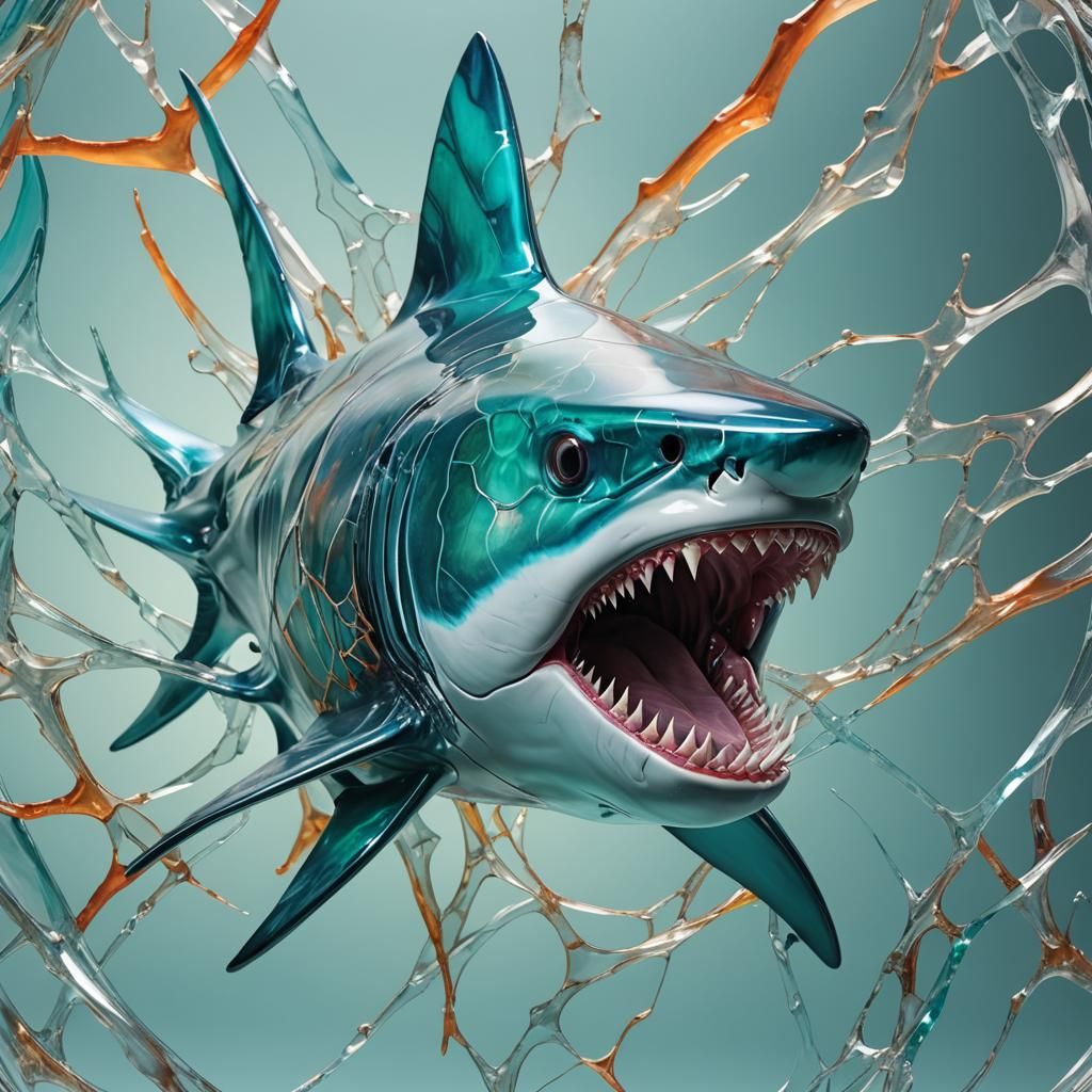Glass Shark Sculpture: Detailed Iridescent Matte Painting
